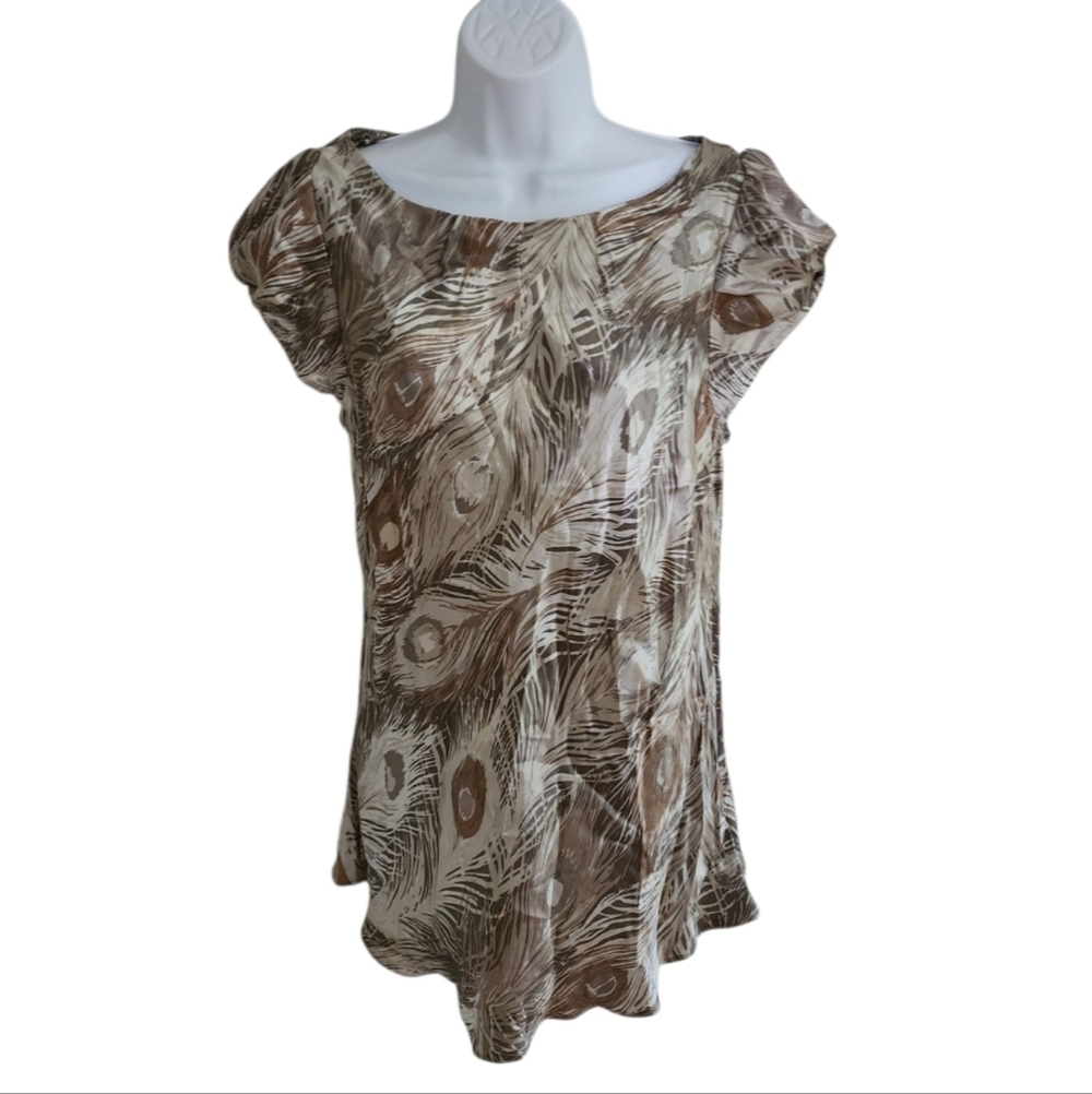 Banana Republic Silk Peacock Gold Tan Ruched Cap Sleeve Blouse NWT - Women's L